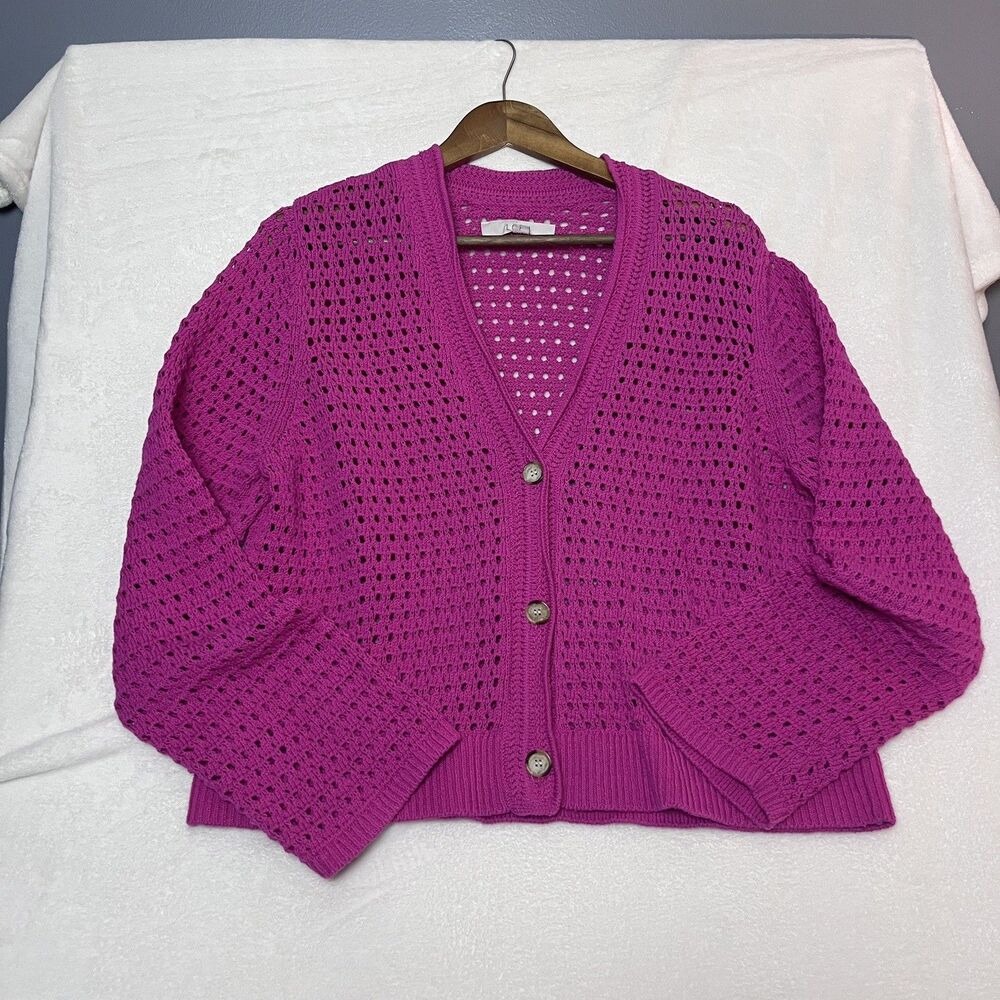 LOFT Womens XL Pink Pointelle Open Knit Cotton Cardigan Button V Neck Cropped - Picture 7 of 7